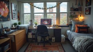 dorm room desk by window