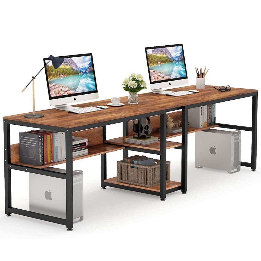 Tribesigns Two Person Desk with Bookshelf