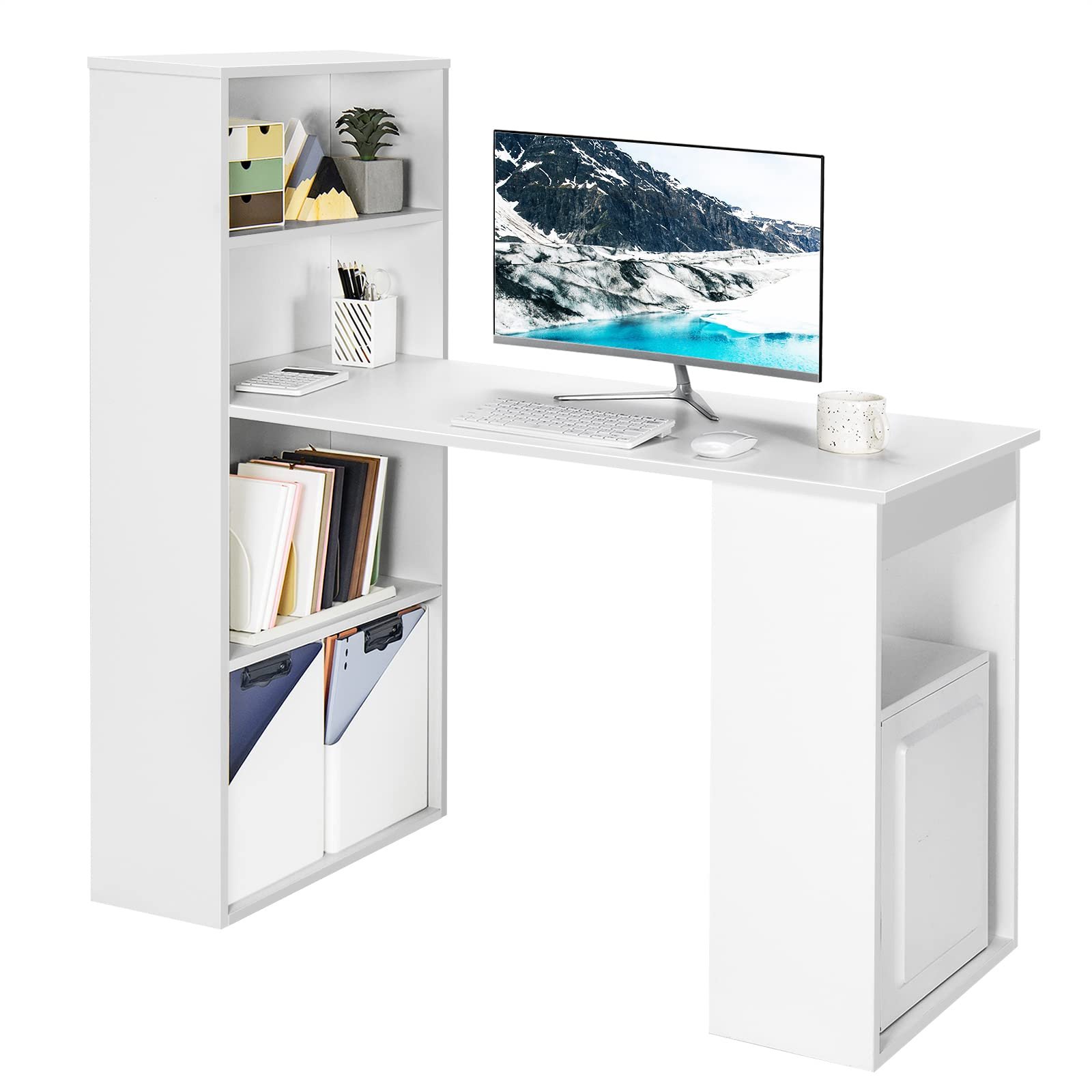 Tangkula White Computer Desk with Bookshelf