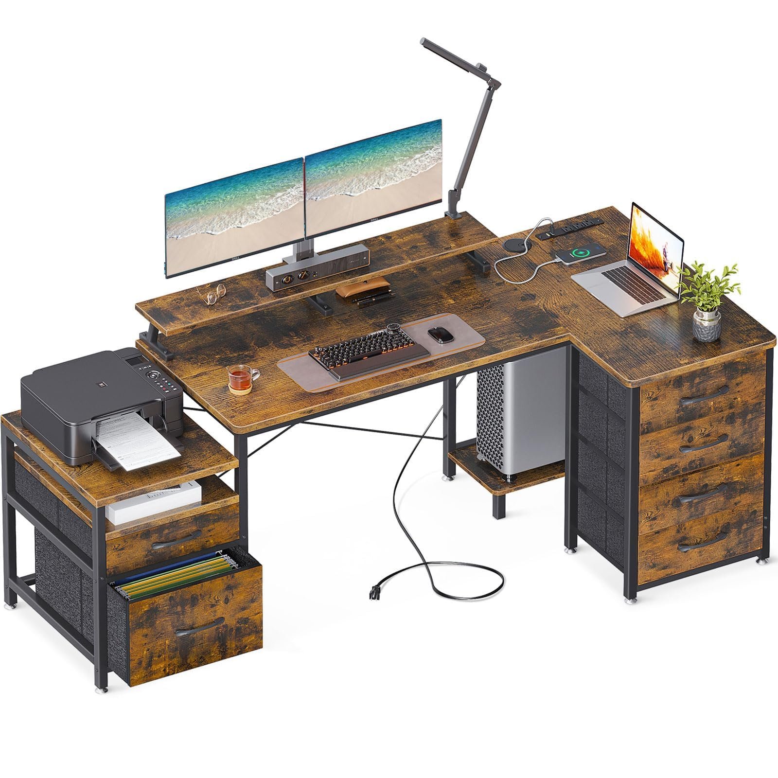 KKL L Shaped Computer Desk with File Drawers & 3 Power Outlets & 2 USB Ports, 72 Inch Home Office Desk with Printer Cabinet & Monitor Shelf & Host Storage Shelves, Rustic Brown Writing Desk 55 Inch Rustic Brown