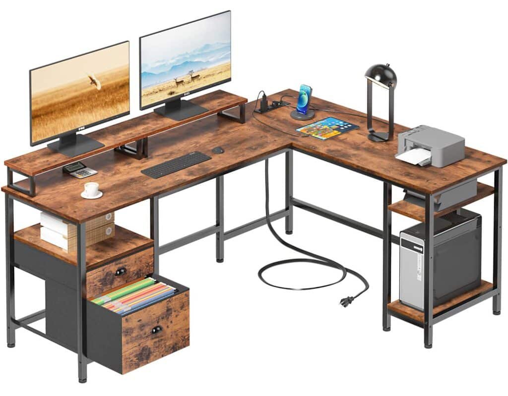 Furologee 66″ L Shaped Computer Desk with Shelves