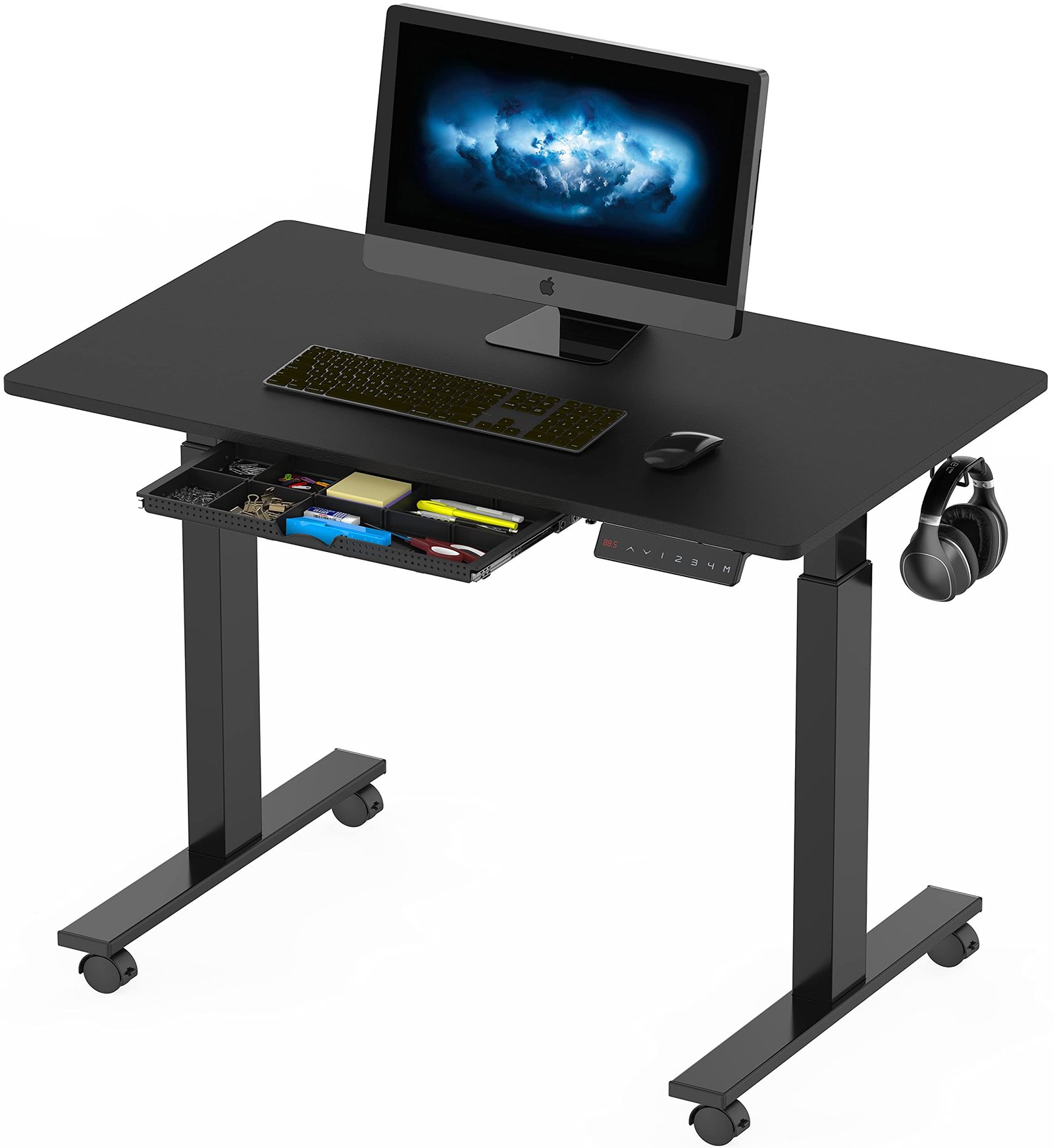 SHW Small Electric Height Adjustable Mobile Sit Stand Desk with Drawer, Hanging Hooks and Cable Management, 40 x 24 Inches, Black 40-Inch w/ Casters Black