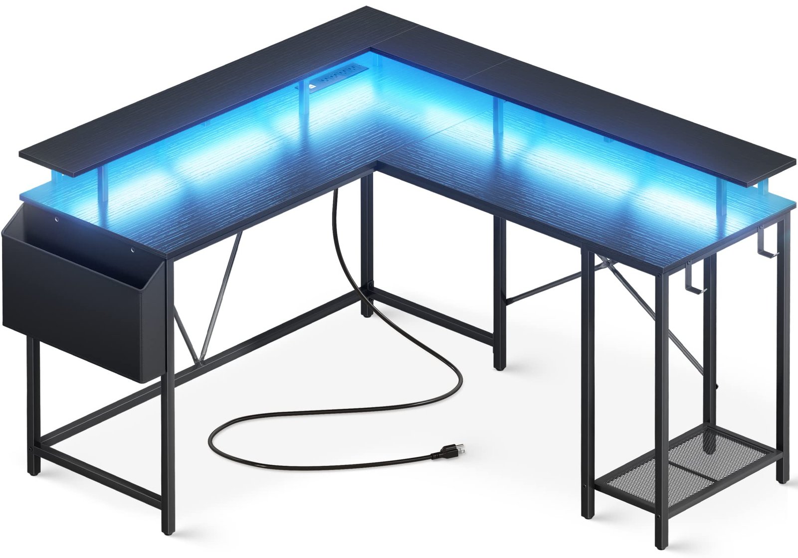 PRAISUN L Shaped Computer Desk with Power Outlets & LED Lights, Corner Gaming Desk with Fabric Storage Bag, Monitor Shelves, Home Office Desk with Hooks, Host Shelf, L Shape Gaming Desk, Black