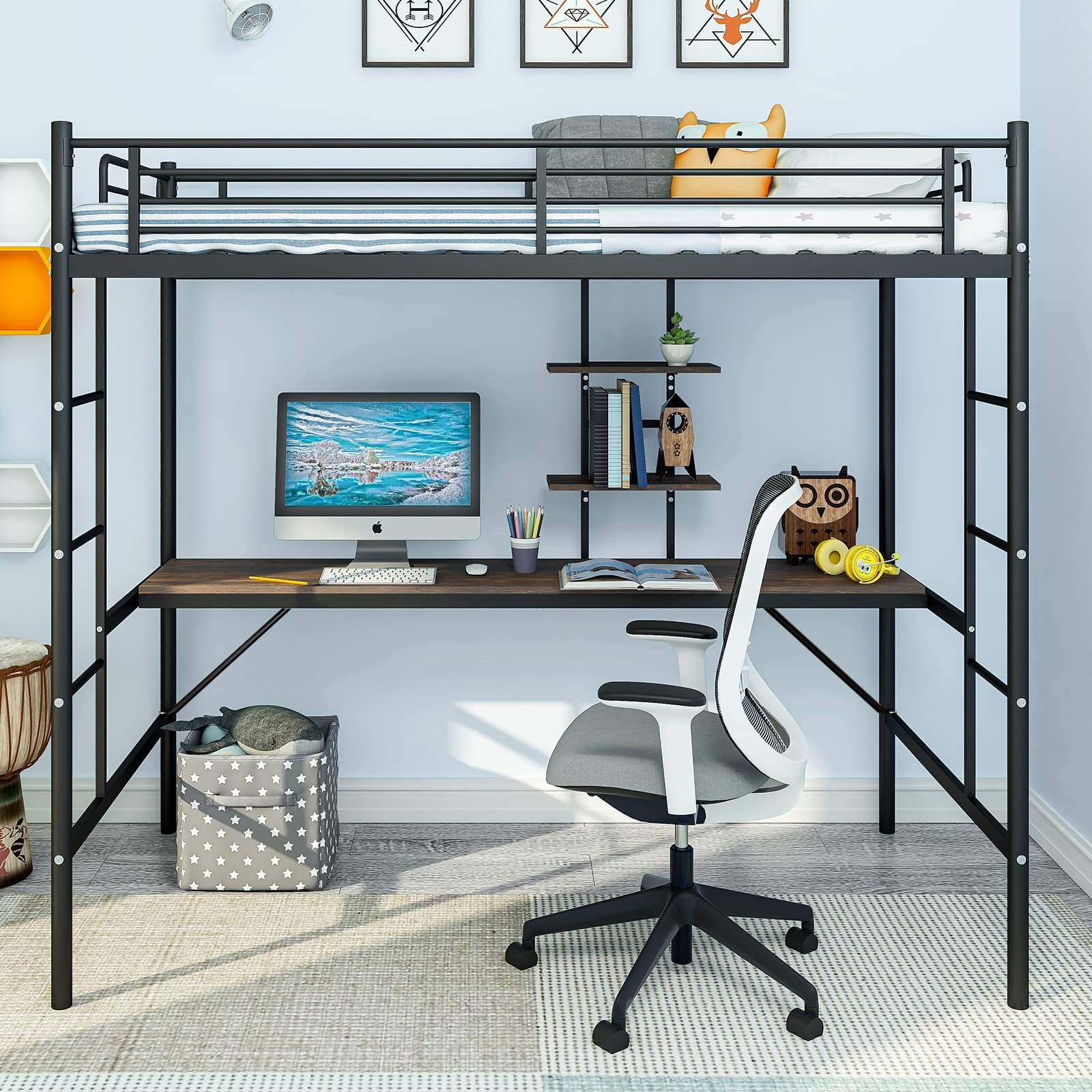 IKIFLY Metal Loft Bed with Desk & Storage Shelves