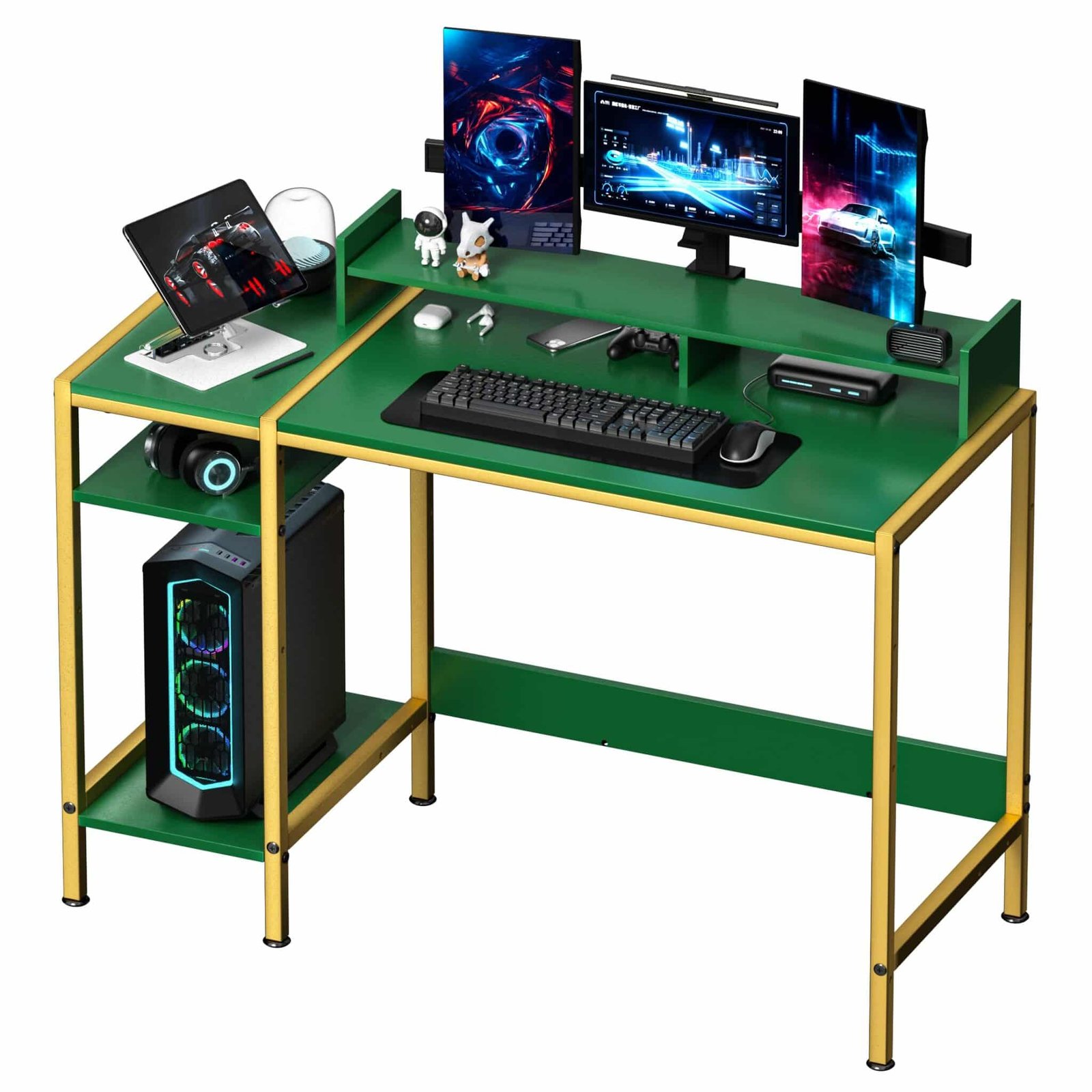 MINOSYS Gaming Computer Desk with Storage,Monitor Stand 47” Small, Writing Desk for 2 Monitors, Adjustable Storage Space, Modern Design Corner Table for Home Office, Green. Green 47 inch