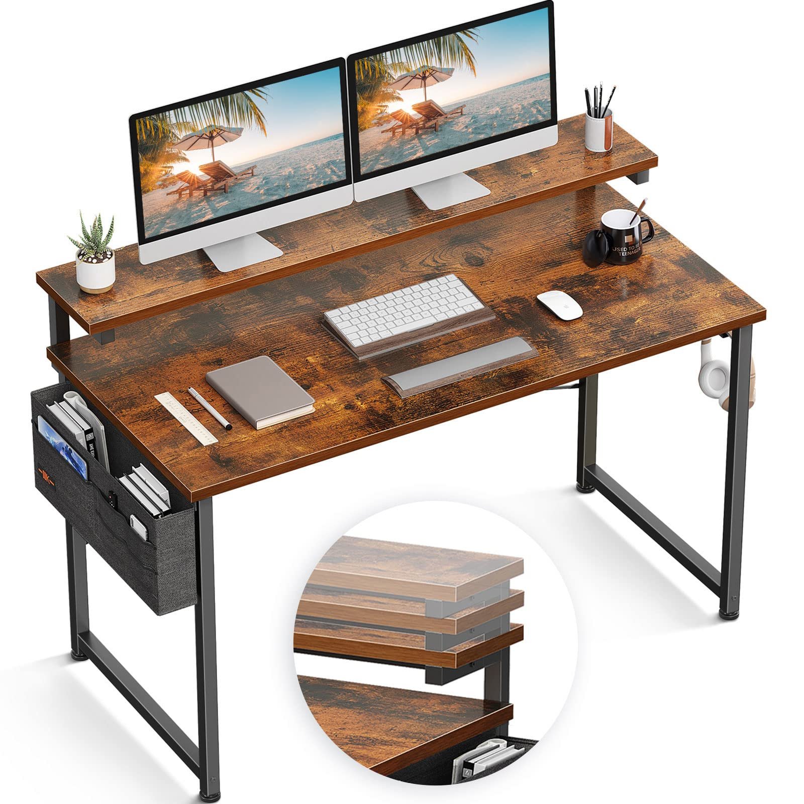 ODK Computer Desk with Adjustable Monitor Shelves