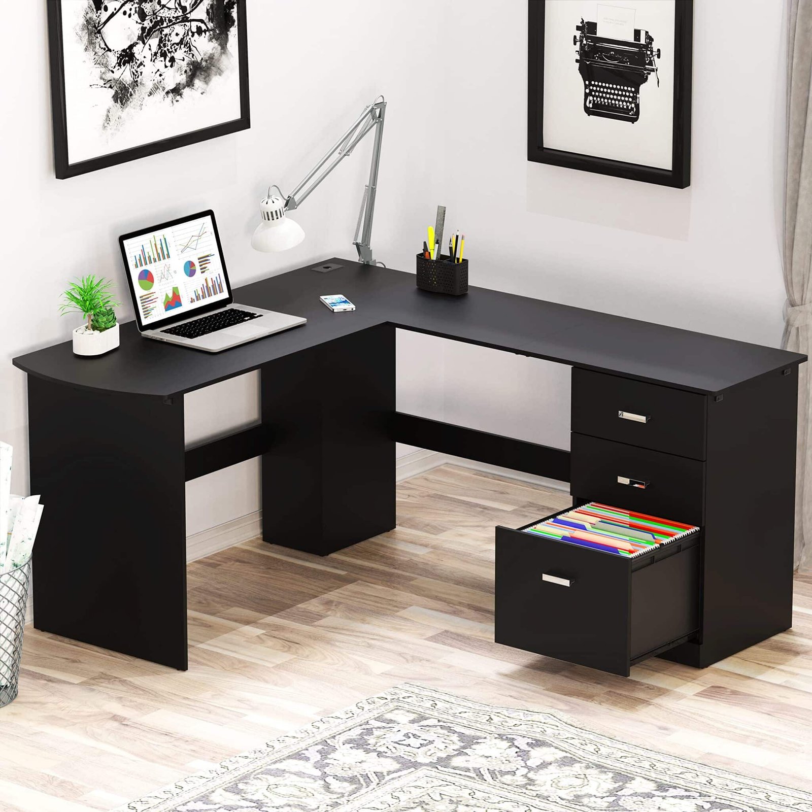 SHW L-Shaped Home Office Wood Corner Desk with 3 Drawers Drawers Black