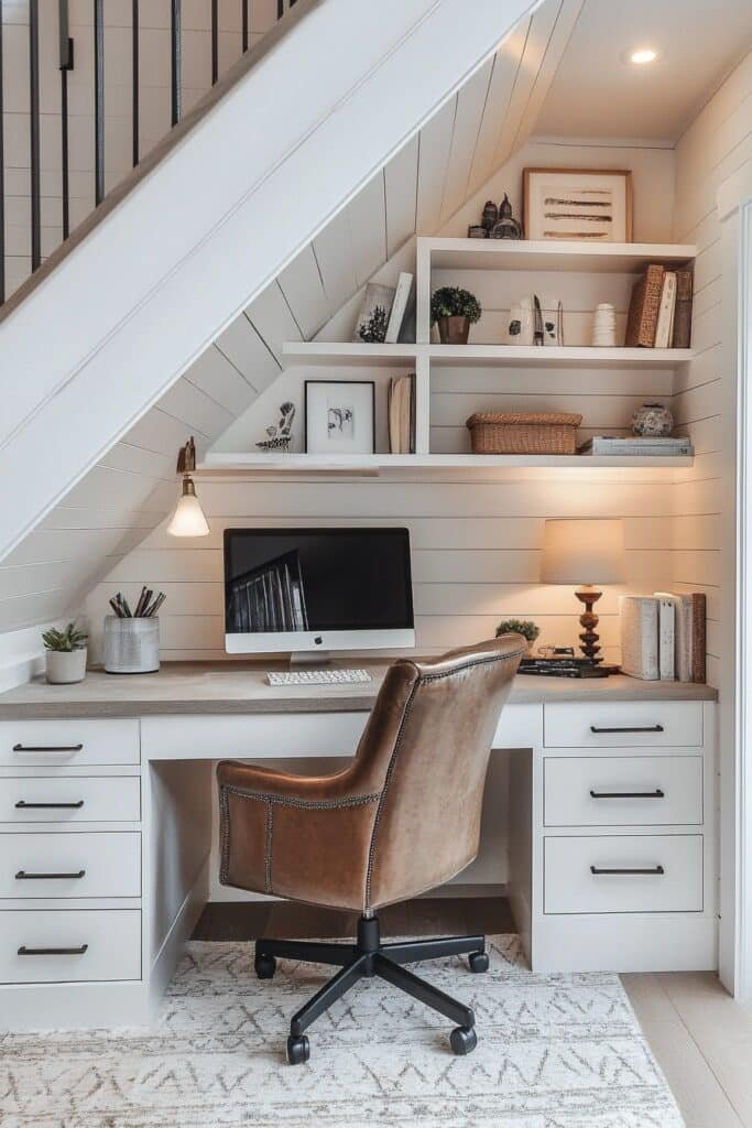 Fresh Farmhouse Office Under Stairs