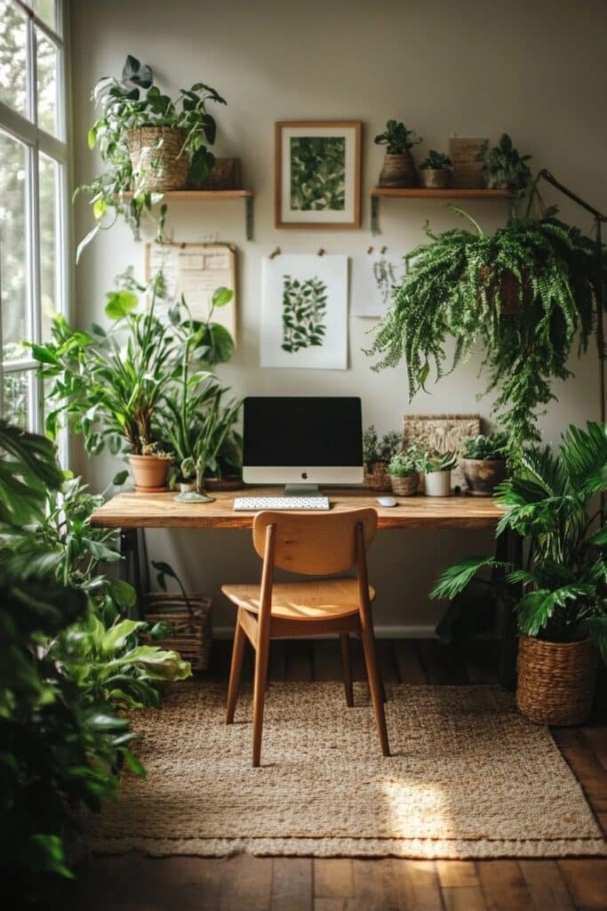 Nature-Inspired Small Home Office with Plants