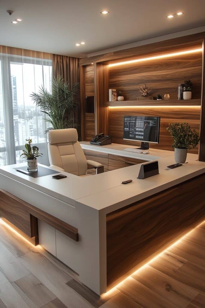 Streamlined White and Wood Executive Desk