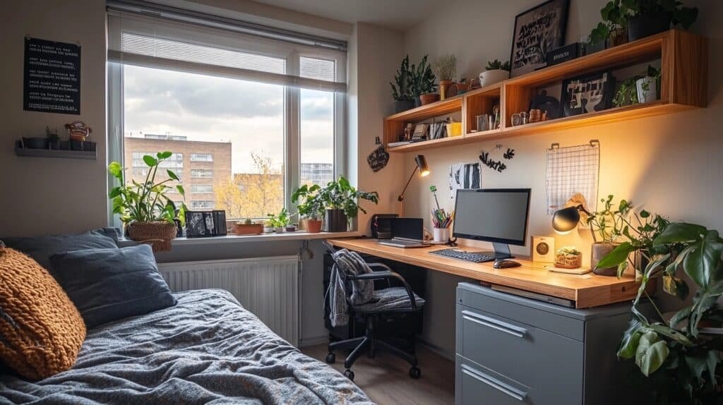 dorm room desk by window